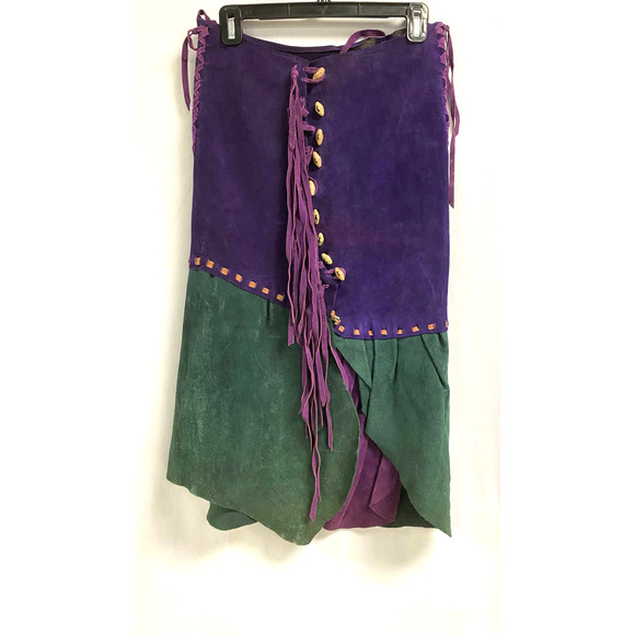 Vintage Dresses & Skirts - VINTAGE 70s Genuine Leather Tassel Toggle Lace Up Grunge Midi Skirt Size S